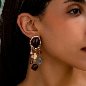 NEW! ZARA Statement Gold And Multi-Color Stones Dangle Drop Post Earrings